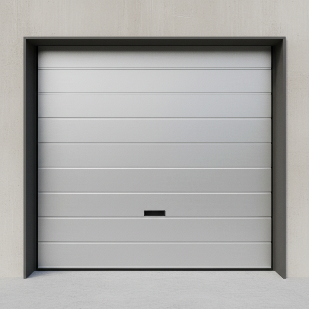 moderna porta basculante per garage vista frontale, con pannelli in metallo e dettagli puliti, perfetta per un contesto contemporaneo. Solo la porta, sfondo neutro.