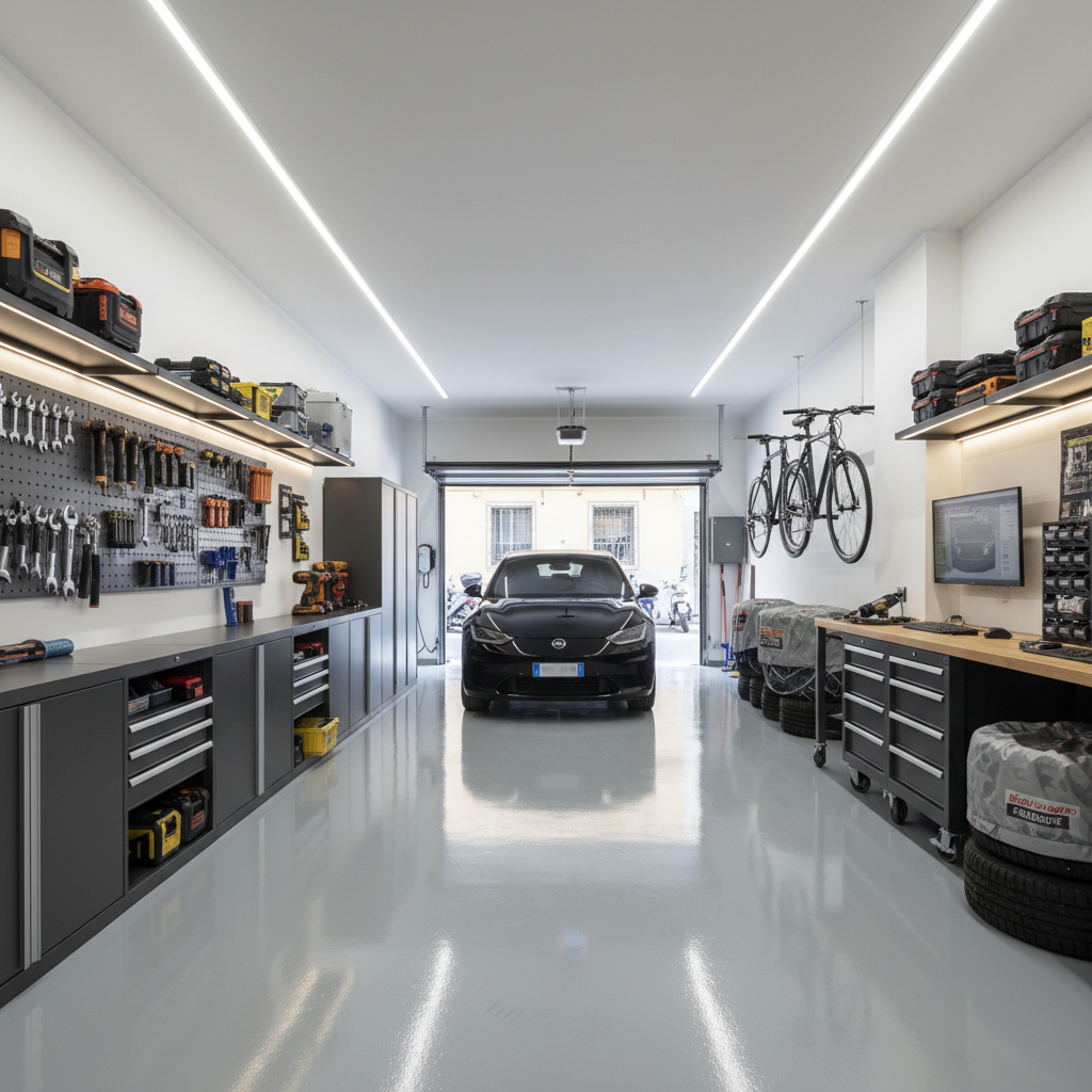 garage in resina ed allestimento a Napoli, interno ordinato, stile moderno, ben illuminato, con attrezzature organizzate