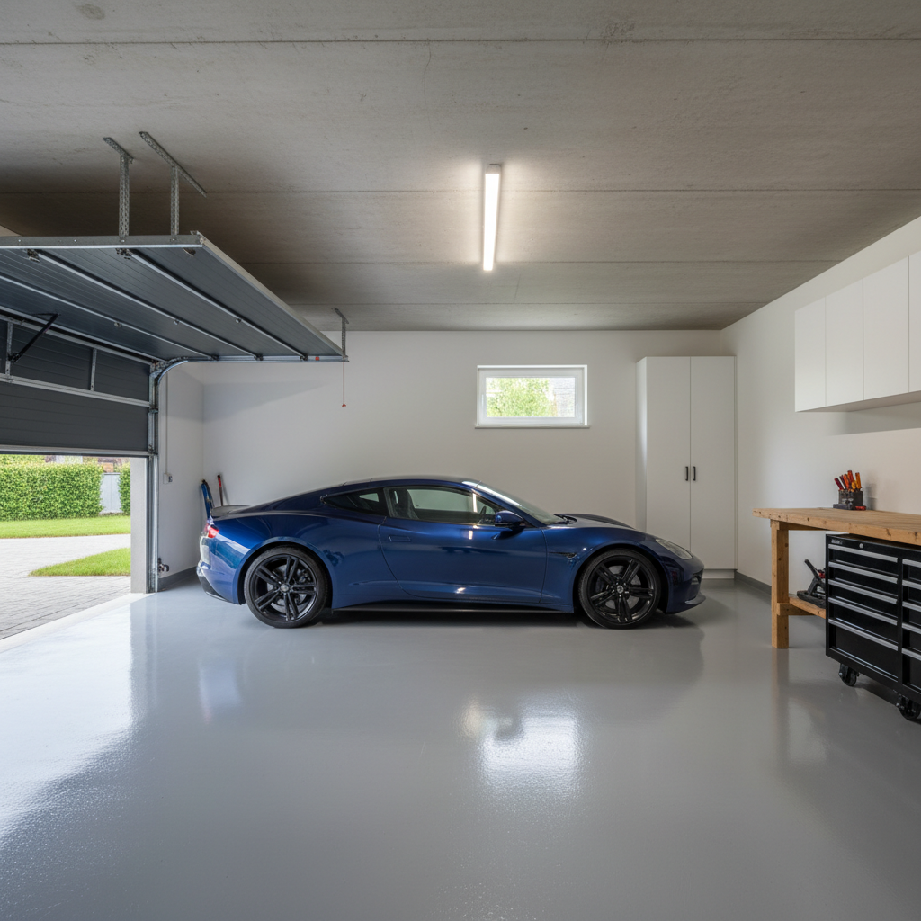 un garage privato semplice con pavimenti in resina