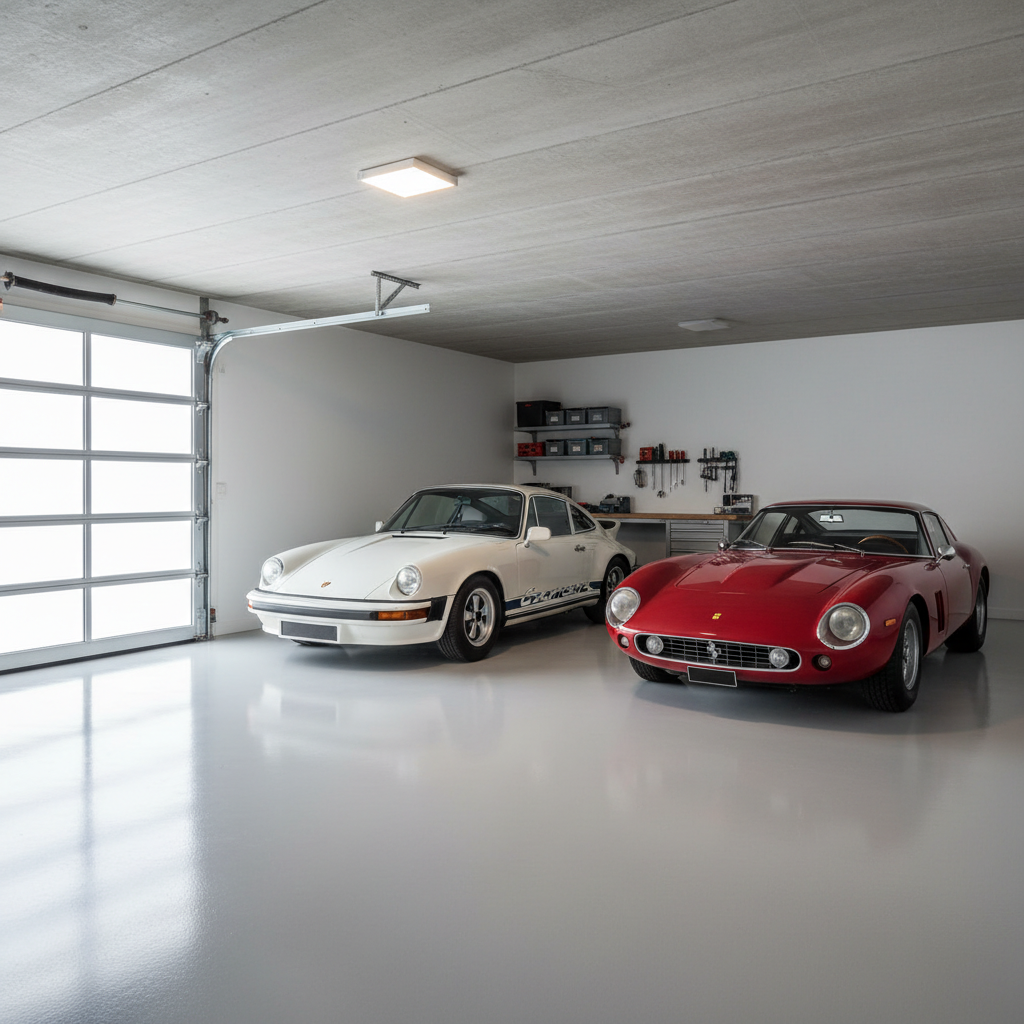 un garage privato semplice con pavimenti in resina