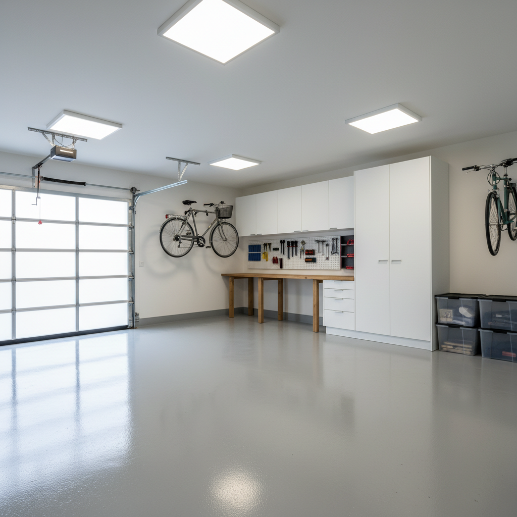 garage privato semplice con pavimenti in resina, senza auto visibili, ambiente ordinato e ben illuminato, stile fotografico realistico