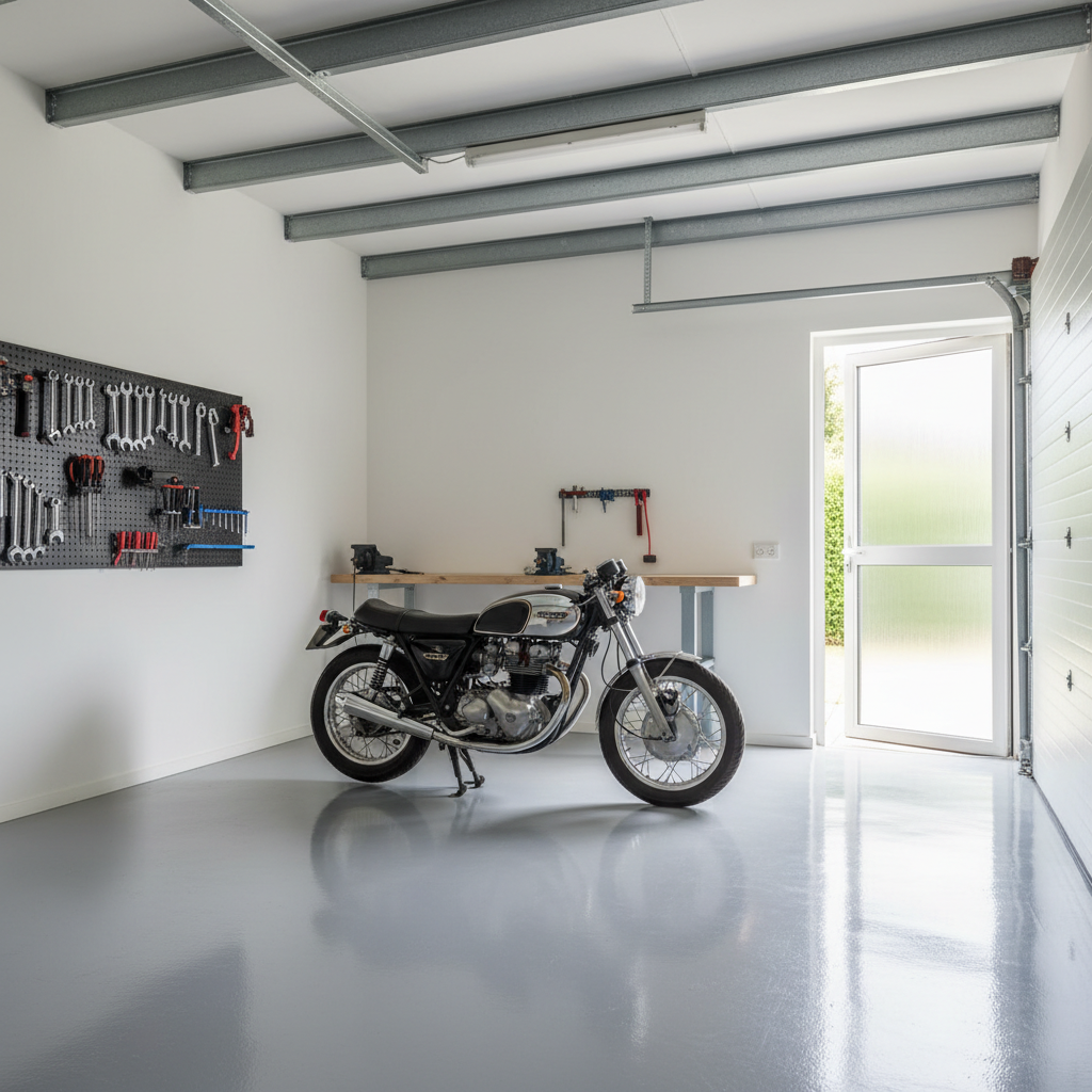 un gararge privato semplice con pavimenti in resina e una moto all'interno