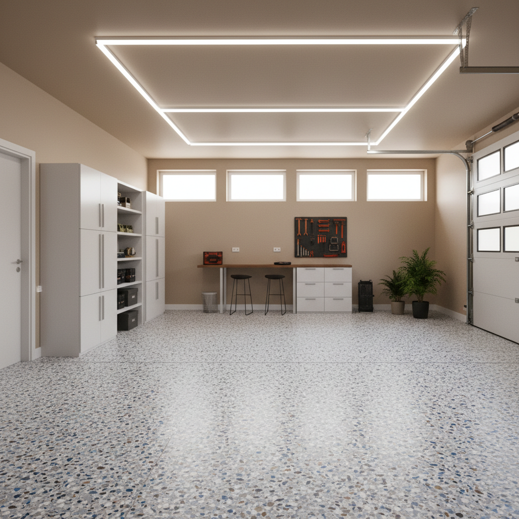 Un garage privato semplice con pavimenti in resina decorati con la tecnica flakes, senza auto all'interno. Lo spazio è ordinato, moderno, ben illuminato e accogliente, con pareti neutre e pavimentazione effetto flakes visibile.