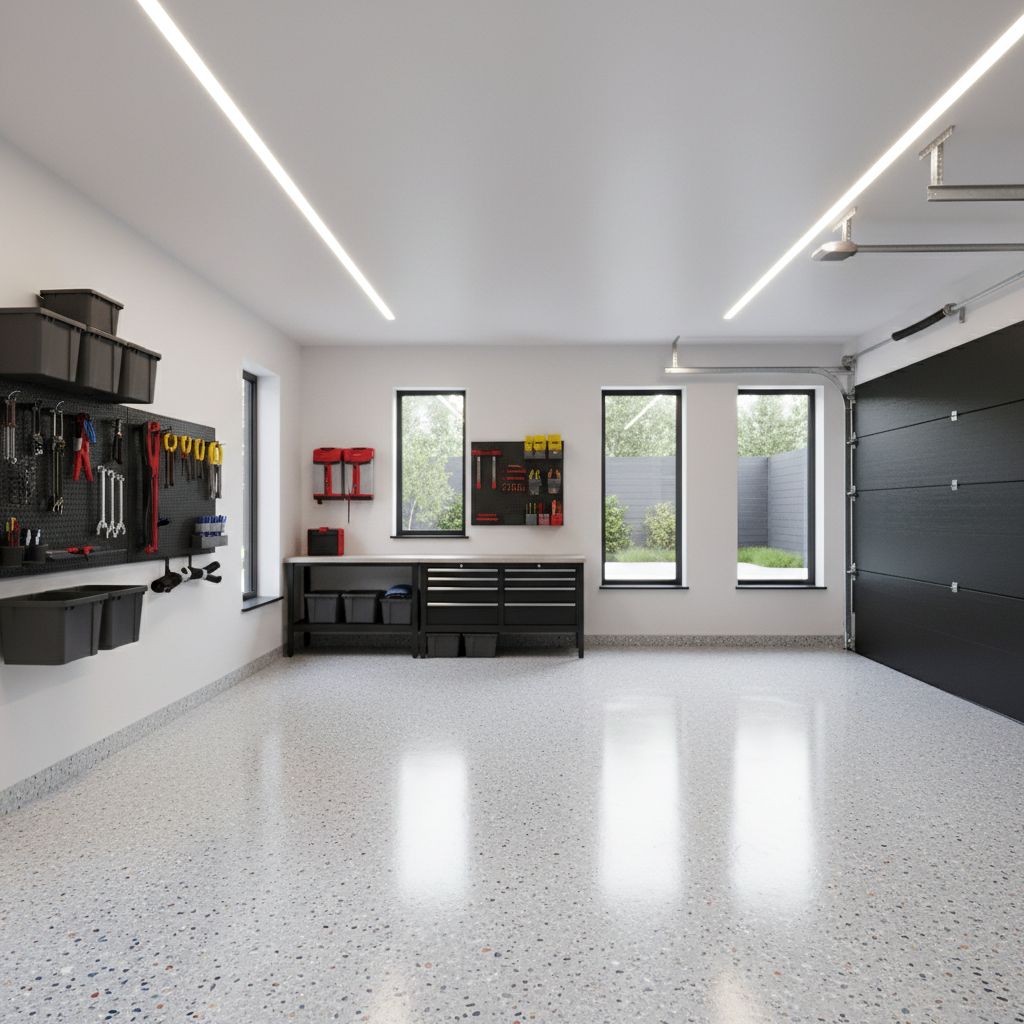un garage privato semplice, con pavimenti in resina e decoro flakes, nessuna auto all'interno, spazio ordinato e ben illuminato, stile moderno e pulito