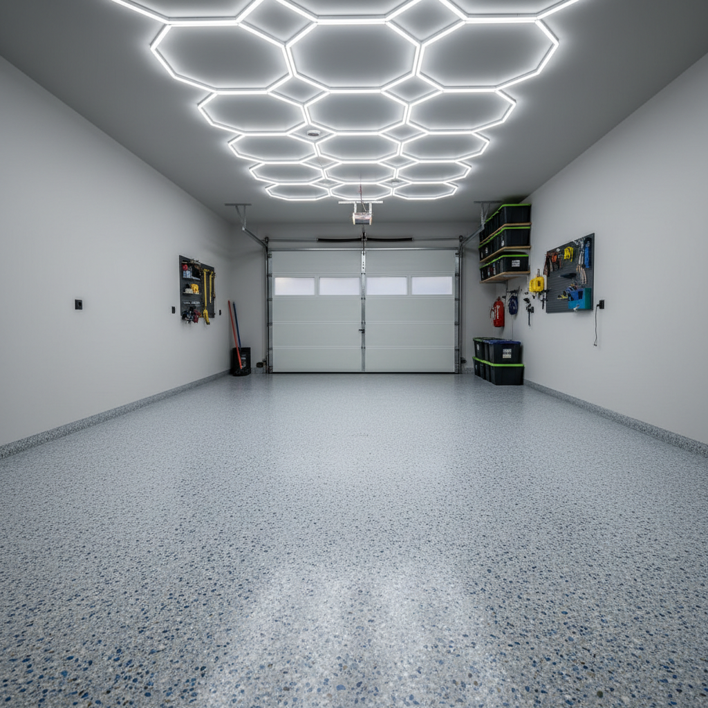 un gararge privato semplice con pavimenti in resina senza auto all'interno, pavimento in flakes e luci esagonali sul soffitto, foto realistica ordinata e ben illuminata in linea con le altre immagini della galleria