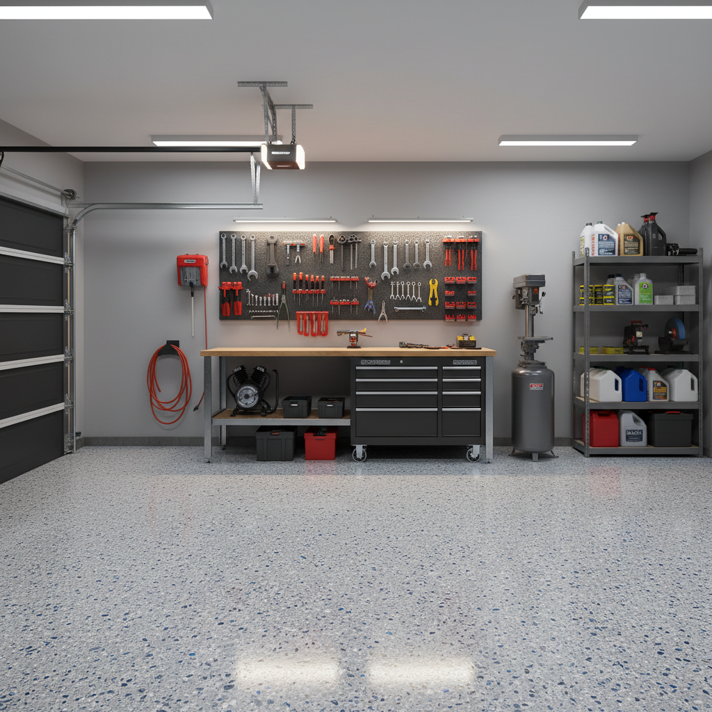 Un garage privato semplice con pavimenti in resina senza auto all'interno, pavimento in flakes. L'allestimento e l'attrezzatura da lavoro sono in evidenza.